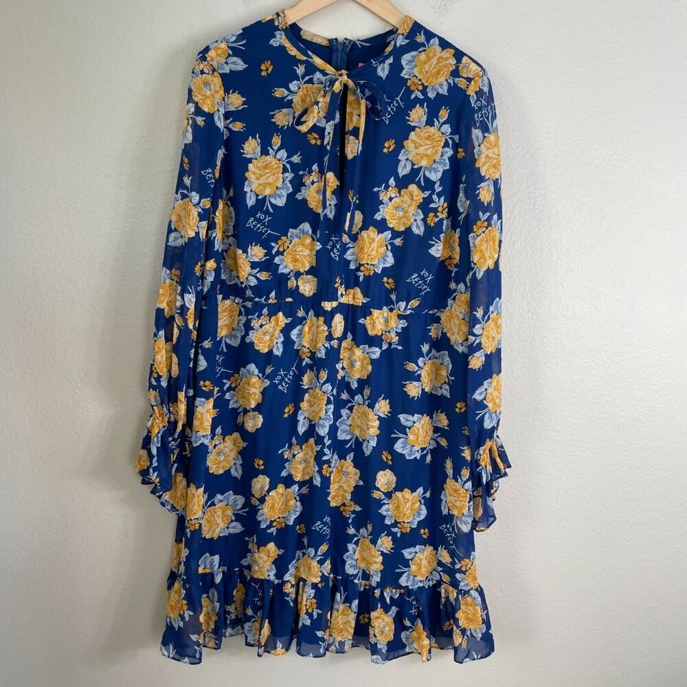 Betsey Johnson Womens Plus 16W Floral Blue Yellow‎ Long Sleeve Ruffle Hem Dress